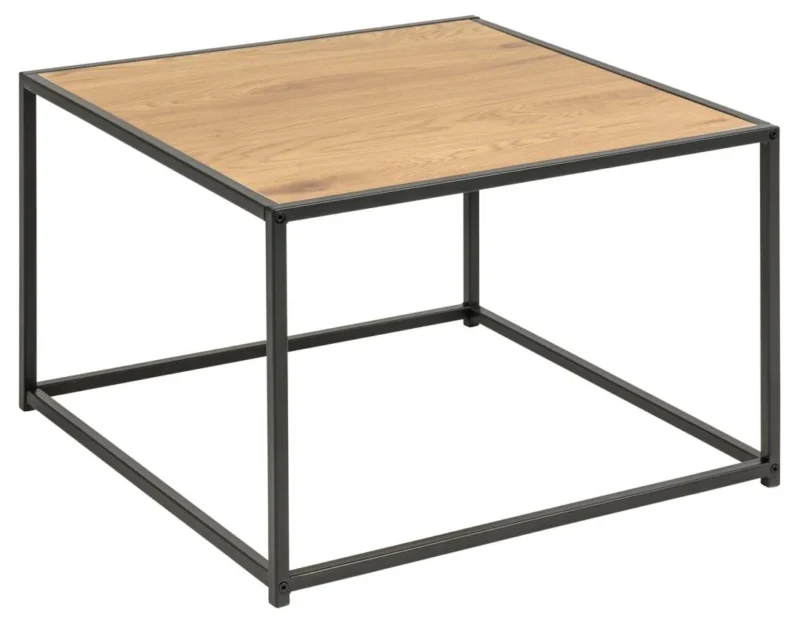 De Salontafel Zwart 60 x 60 CM Vierkant is een moderne vierkante salontafel met een compact zwart metalen frame en een licht kunststof blad in houtlook, benadrukt door het open, geometrische minimalistische ontwerp.