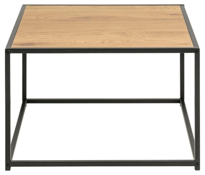 De Salontafel Zwart 60 x 60 CM Vierkant heeft een minimalistisch, geometrisch ontwerp met een licht houtlook bovenblad van compact kunststof en een zwart metalen frame, afgebeeld vanaf de voorkant.