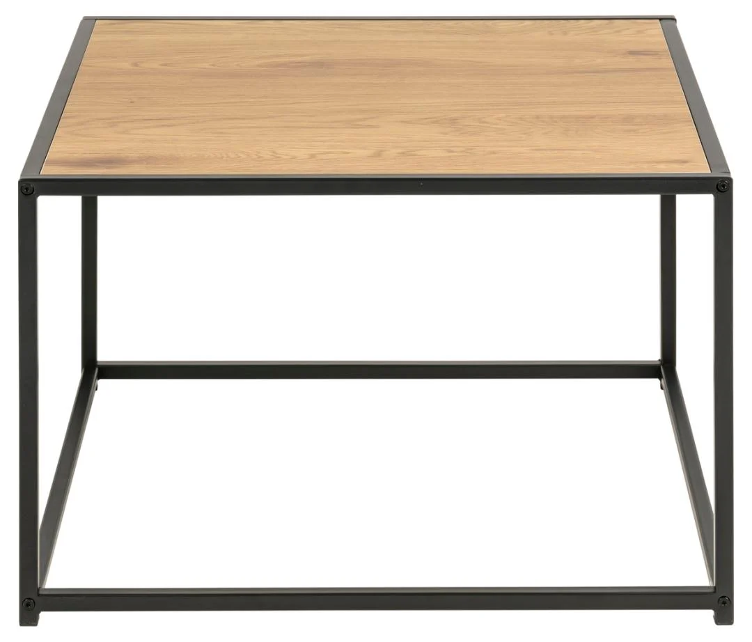 De Salontafel Zwart 60 x 60 CM Vierkant heeft een minimalistisch, geometrisch ontwerp met een licht houtlook bovenblad van compact kunststof en een zwart metalen frame, afgebeeld vanaf de voorkant.
