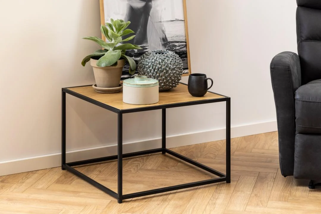 De Salontafel Zwart 60 x 60 CM Vierkant, een moderne vierkante bijzettafel gemaakt van compact kunststof, heeft een potplant, decoratieve objecten, een mok, een deksel en een ingelijste foto naast een grijze bank op een houten vloer.
