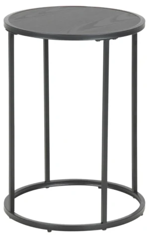 De Bijzettafel Zwart 40 CM Rond Kunststof is een kleine, ronde bijzettafel met een minimalistisch zwart frame, vier verticale poten en een cirkelvormig onderstel, voorzien van een donker 40 cm diameter blad gemaakt van duurzaam kunststof.