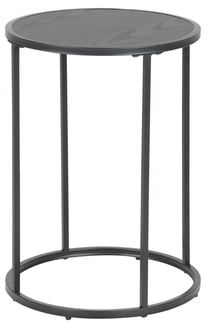 De Bijzettafel Zwart 40 CM Rond Kunststof is een kleine, ronde bijzettafel met een minimalistisch zwart frame, vier verticale poten en een cirkelvormig onderstel, voorzien van een donker 40 cm diameter blad gemaakt van duurzaam kunststof.