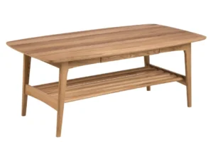 De Salontafel Roest is een rechthoekige salontafel (130 x 70 cm) gemaakt van eikenfineer, met afgeronde hoeken, een glad blad, twee kleine laden en een lattenbodem.