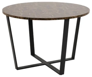 De Eettafel Nieuwe Sfeer 110 CM Rond heeft een rond MDF blad met een donkere marmer look, ondersteund door zwarte, geometrische gekruiste stalen poten.