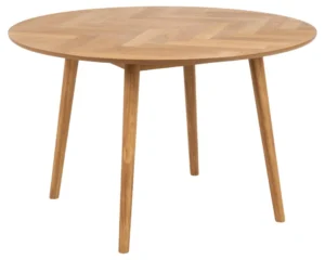 De Eettafel Nieuwe Sfeer 120 CM Rond is een ronde eettafel gemaakt van eikenhout met een lichte afwerking, schuine poten en een tafelblad met visgraatmotief.