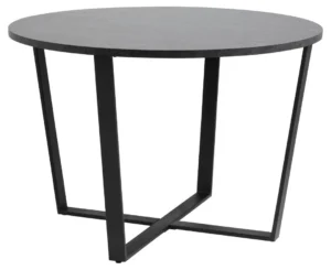 De Eettafel Amble Rond Marmer Metaal Mat heeft een rond, glad zwart tafelblad en een modern mat metalen onderstel met drie schuine poten verbonden door een dwarsbalk. De tafel heeft een stijlvol zwart onderstel.