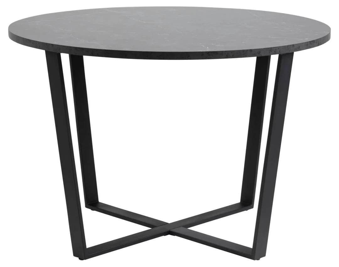 De Eettafel Amble Rond Marmer Metaal Mat heeft een rond zwart marmeren blad en een modern mat zwart metalen onderstel met geometrische, gekruiste poten.