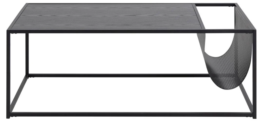 De Salontafel Zwart 60 x 40 CM Rechthoek is een moderne rechthoekige salontafel met een matzwart metalen frame, een plat houten blad en een ingebouwde gaasband voor opslag.