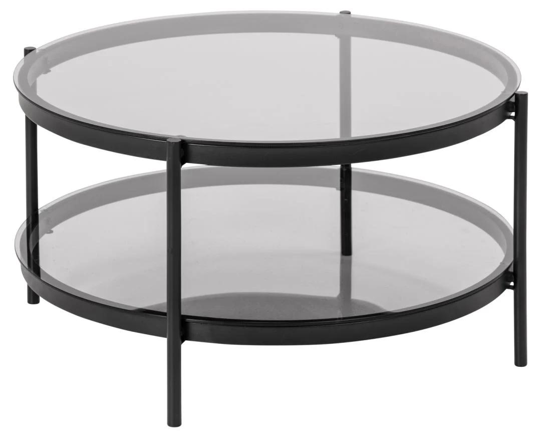 De Salontafel Zwart 79 CM Rond Kunststof is een ronde salontafel met een zwart frame, twee niveaus van heldere oppervlakken en vier slanke verticale poten.