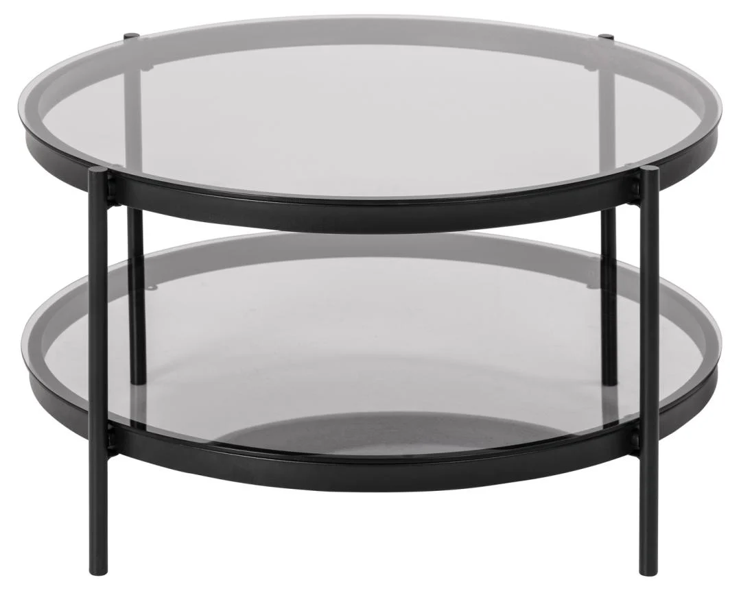 De Salontafel Zwart 79 CM Rond Kunststof is een moderne ronde salontafel met twee lagen transparante planken en een zwart frame, verbonden door vier verticale steunen.
