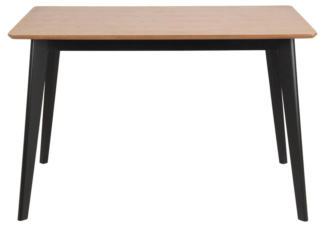De Eettafel Roxby is een ronde eiken eettafel (80 x 76 cm) met een mat zwart onderstel, afgebeeld tegen een effen witte achtergrond.