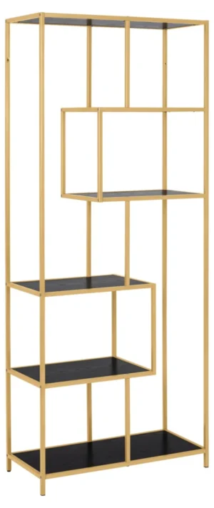 De Seaford boekenkast is een hoge, rechthoekige kast met een goud metalen frame en vijf zwarte planken in een asymmetrisch, geometrisch ontwerp.