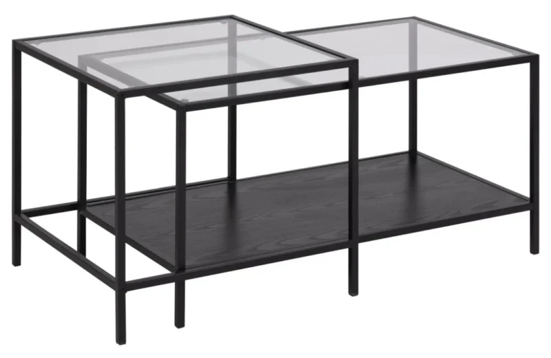 De Salontafel Zwart 50 x 45 CM Rechthoek heeft een modern ontwerp met een zwart kunststof frame en twee tafelbladen op verschillende hoogtes.
