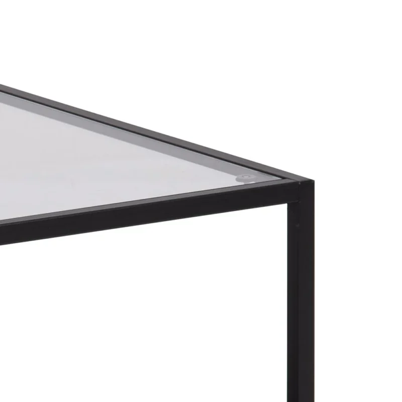 Een close-up van de Salontafel Zwart 50 x 45 CM Rechthoek, met een minimalistisch ontwerp met een zwart frame en een transparant kunststof bovenblad.
