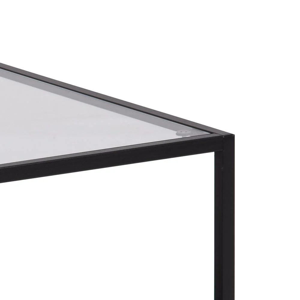 Een close-up van de Salontafel Zwart 50 x 45 CM Rechthoek, met een minimalistisch ontwerp met een zwart frame en een transparant kunststof bovenblad.