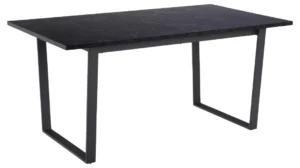 De Eettafel Nieuwe Sfeer 160 x 90 CM is een moderne rechthoekige tafel met een marmeren blad en zwarte stalen poten in een minimalistisch ontwerp, ideaal voor eet- of kantoorruimtes.