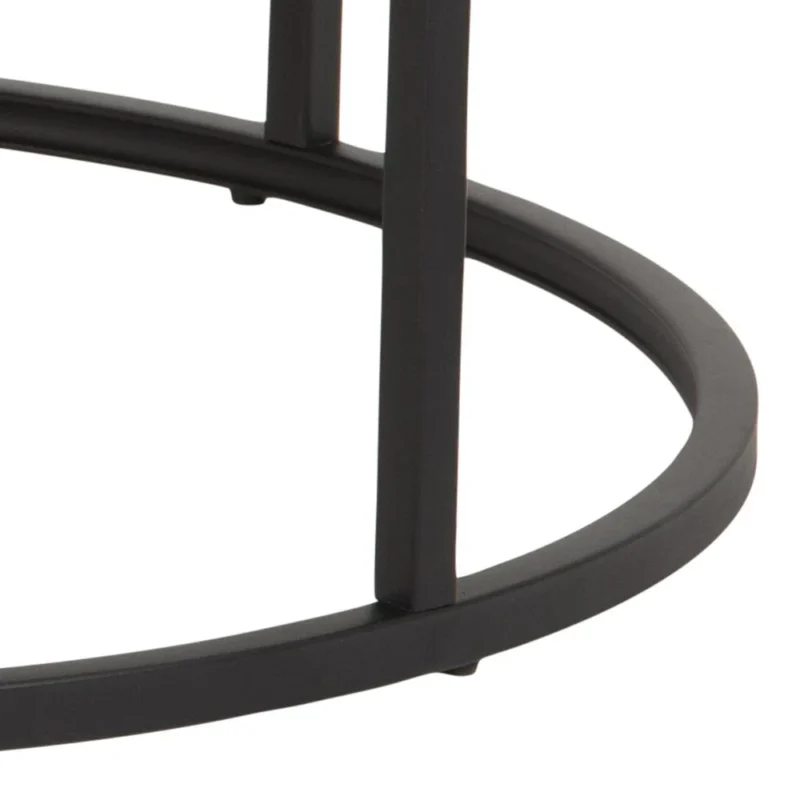 Close-up van het zwarte metalen ronde onderstel en de twee verticale poten van de Salontafel Rond Kunststof.