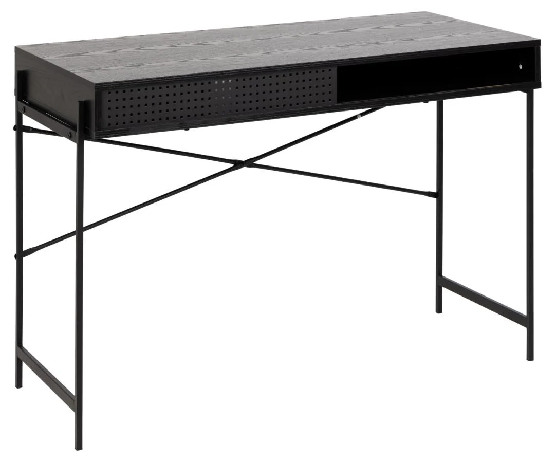 Zwart industrieel bureau van MDF en staal, 110x50x75 cm. Modern design voor thuis of kantoor.