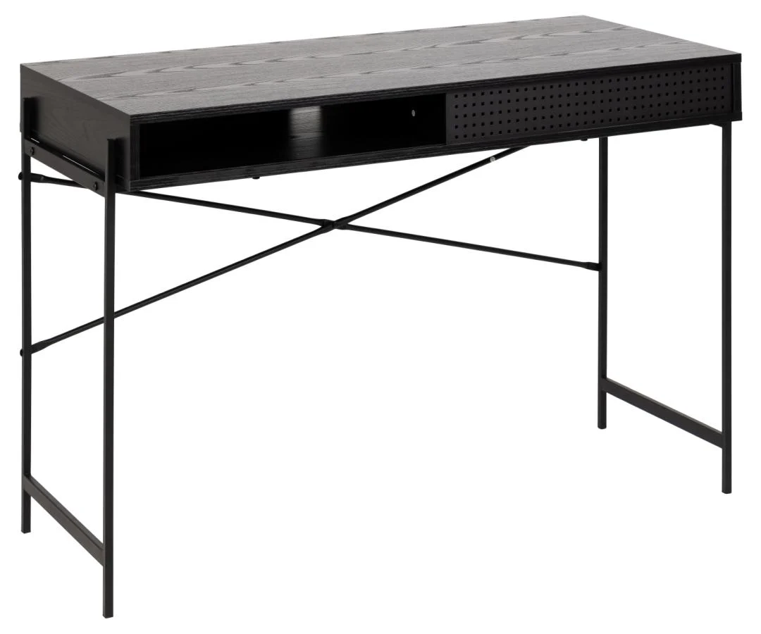 Zwart industrieel bureau van MDF en staal, 110x50x75 cm. Modern design bureau.