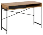 Eiken bureau 110x50x75 met zwarte schuifdeur en kabeldoorvoer. Modern design bureau.