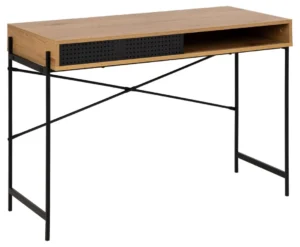 Eiken bureau 110x50x75 met zwarte schuifdeur en kabeldoorvoer. Modern design bureau.