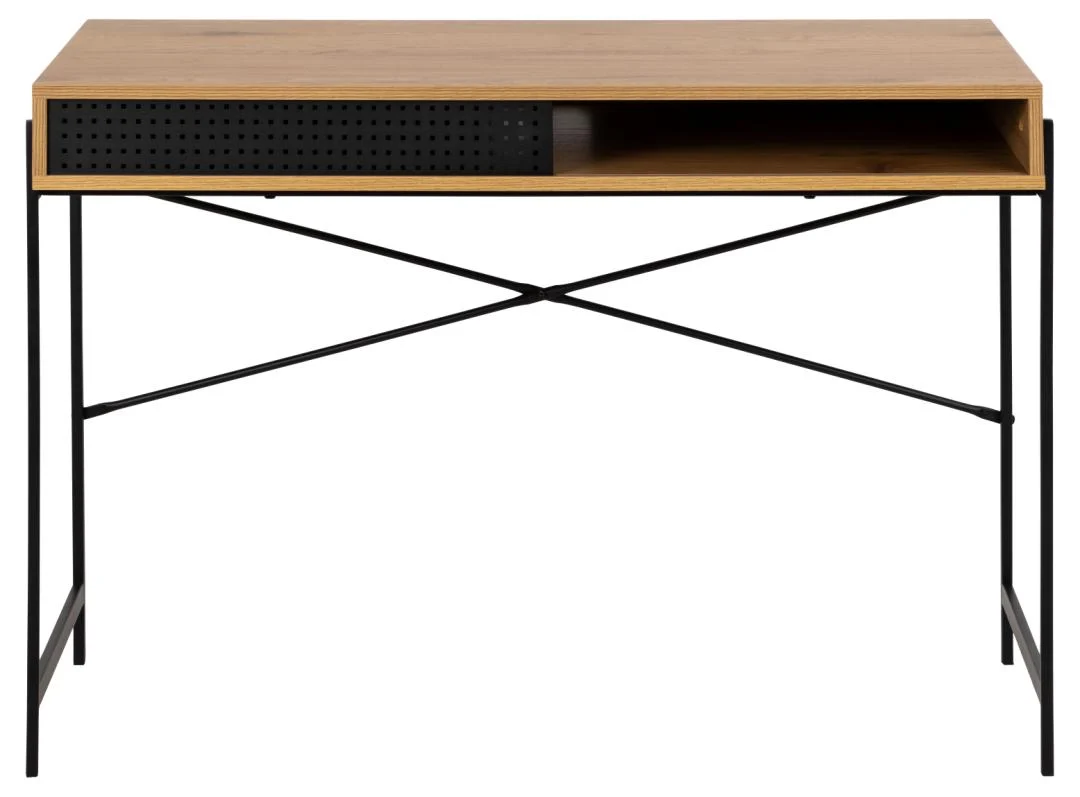Eiken bureau met zwarte schuifdeur en kabeldoorvoer. Modern bureau voor kantoor of thuiswerkplek.