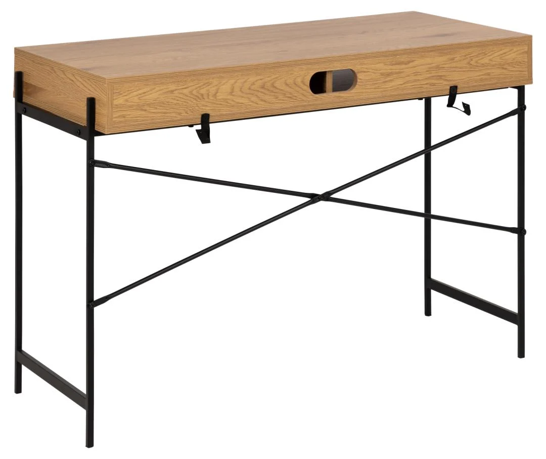 Bureau 110x50 eiken met zwarte schuifdeur en kabeldoorvoer. Modern design bureau voor kantoor of thuiswerkplek.