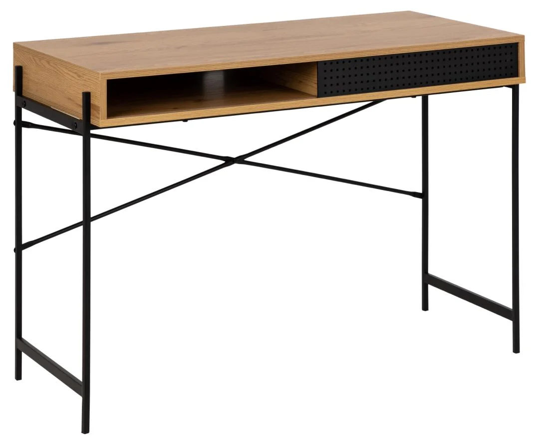 Bureau 110x50 eiken met zwart schuifdeur en kabeldoorvoer. Modern design voor thuiswerkplek of kantoor.