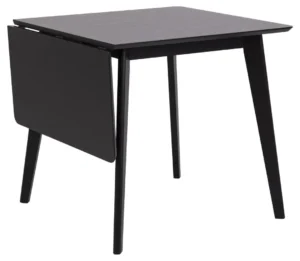 De Eettafel Roxby is een ronde zwarte MDF tafel (80 x 76 cm) met een matte afwerking en stevig zwart onderstel, voorzien van vier schuine poten en een uittrekblad voor verstelbare maten.