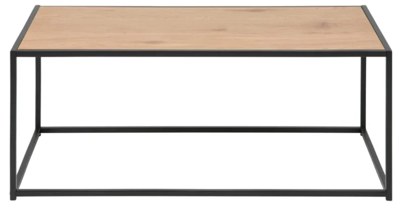 De Salontafel Zwart is een rechthoekige salontafel (50 x 40 cm) met een licht houten blad en een minimalistisch zwart stalen frame, afgebeeld tegen een witte achtergrond.