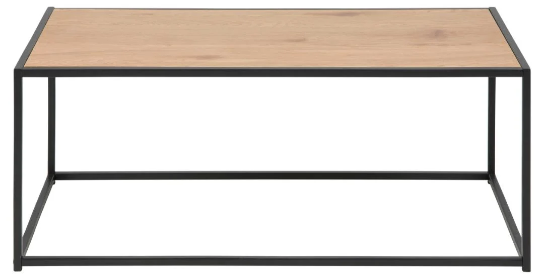 De Salontafel Zwart is een rechthoekige salontafel (50 x 40 cm) met een licht houten blad en een minimalistisch zwart stalen frame, afgebeeld tegen een witte achtergrond.