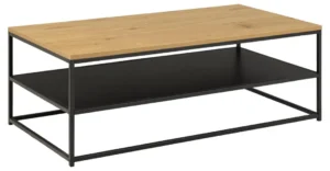 Salontafel Zwart 60x42 CM is een rechthoekige salontafel met een licht houtlook blad, zwart onderblad en een minimalistisch zwart metalen frame in een industriële stijl met twee niveaus voor opslag of display.