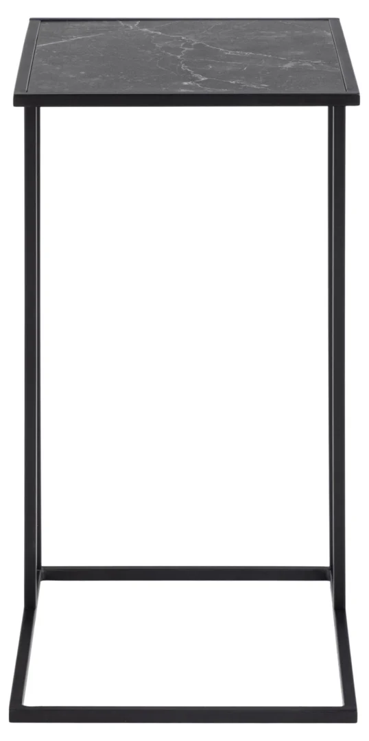 De Bijzettafel Zwart 35 CM Rechthoek is een moderne, minimalistische bijzettafel met een rechthoekig kunststof compact blad in marmerlook en een geometrisch zwart metalen onderstel, van voren gezien tegen een witte achtergrond.