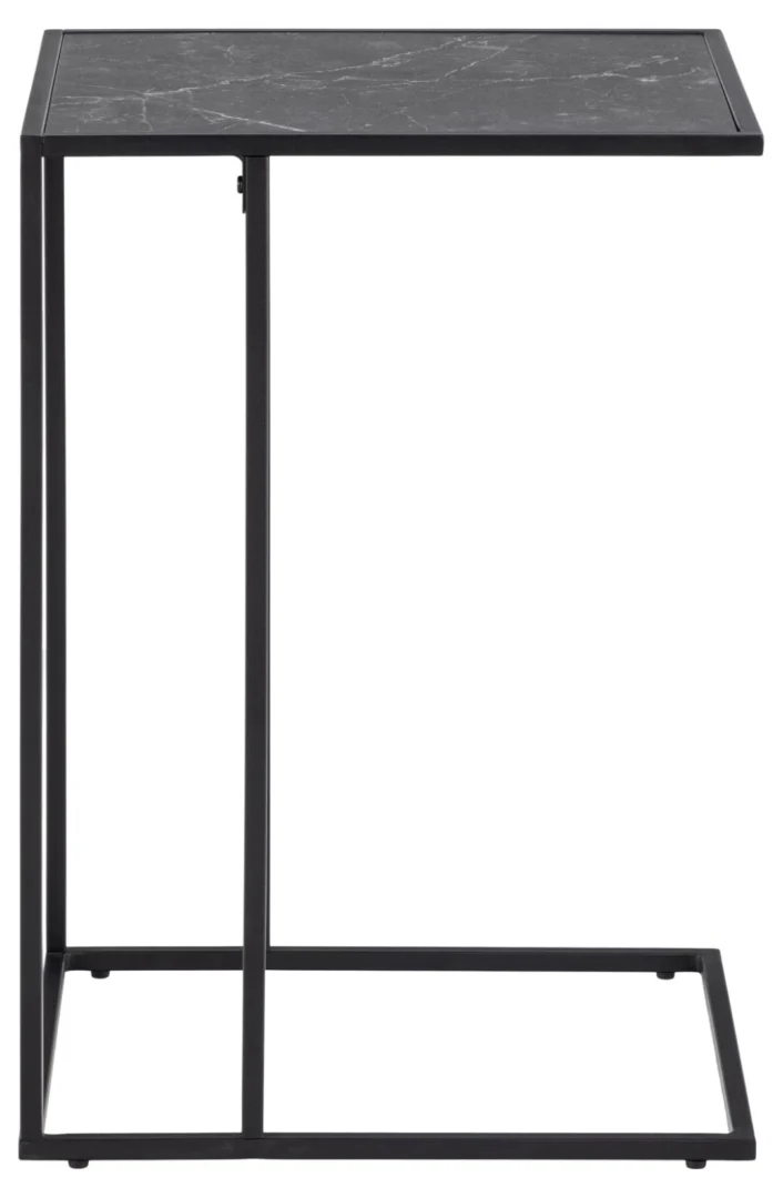 De Bijzettafel Zwart 35 CM Rechthoek is een moderne zwarte C-vormige bijzettafel met een dun metalen frame en een rechthoekig tafelblad van compact kunststof.