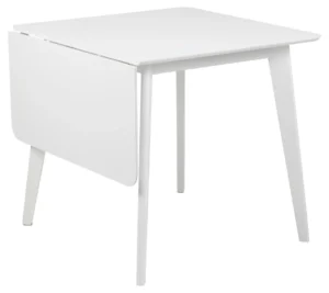 De Eettafel Roxby is een ronde witte MDF tafel, 80 x 80 cm, met vier schuine poten en een uittrekblad aan één kant, gedeeltelijk uitgeschoven.