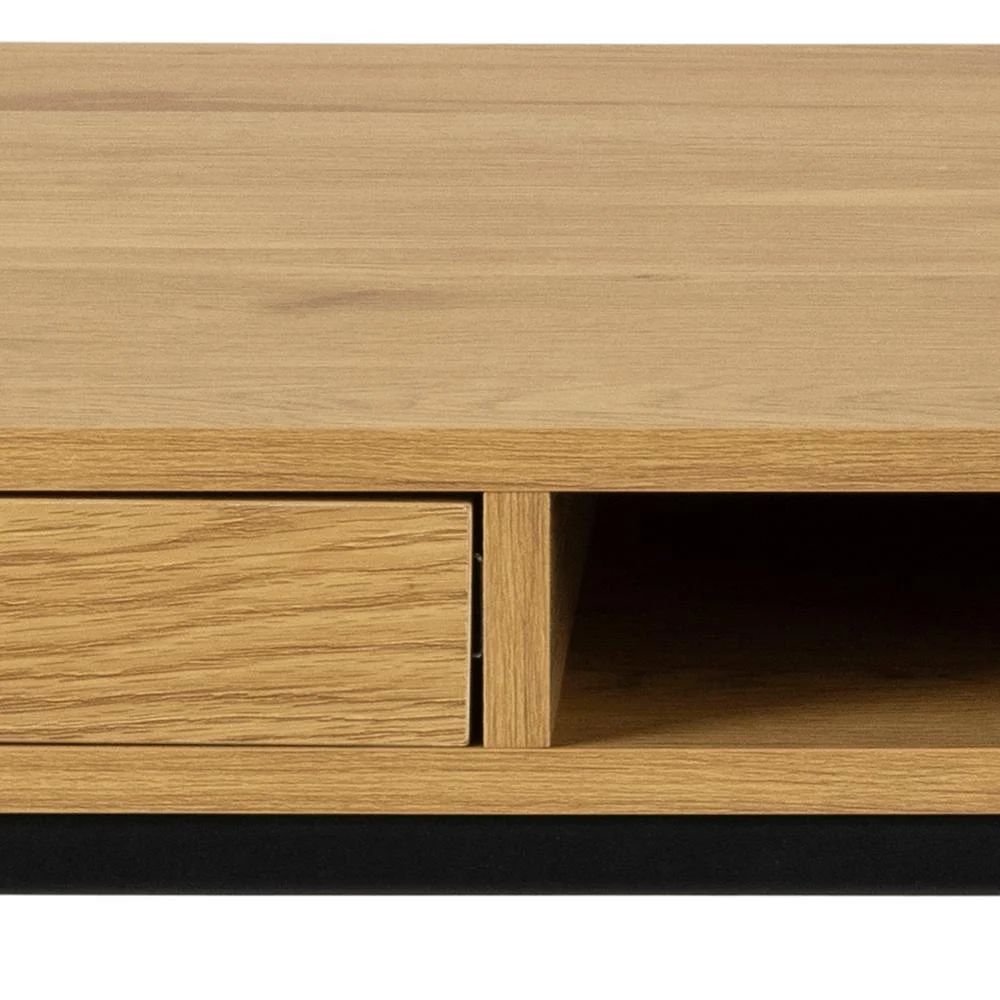 Detail van bureau 140x58 eiken melamine met zwarte sledepoot. Bureau met lade en open vak.