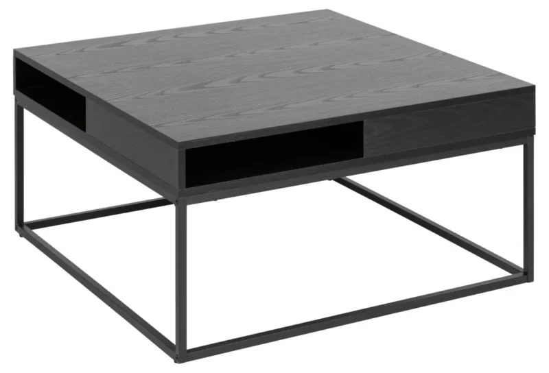De Salontafel Zwart 80 x 40 CM Vierkant heeft een modern vierkant ontwerp met een donker blad, een minimalistisch zwart metalen frame en een praktisch kunststof opbergvak aan de zijkant.