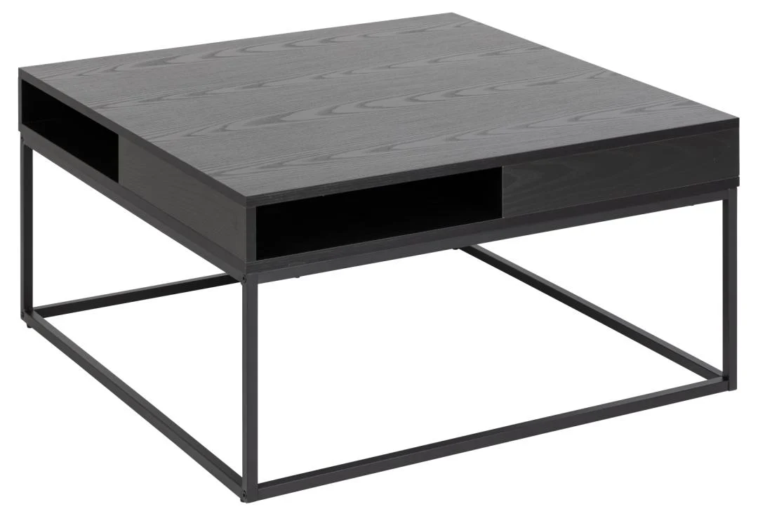 De Salontafel Zwart 80 x 40 CM Vierkant heeft een modern vierkant ontwerp met een donker blad, een minimalistisch zwart metalen frame en een praktisch kunststof opbergvak aan de zijkant.
