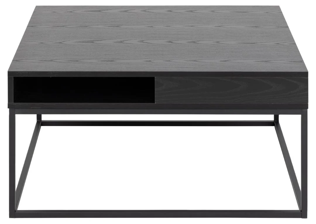 De Salontafel Zwart 80 x 40 CM Vierkant heeft een modern rechthoekig ontwerp met een donker blad, een minimalistisch zwart metalen frame en een kunststof opbergvak aan de voorkant.