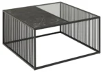 De Salontafel Rookglas, Zwart 80 x 40 CM is een moderne vierkante salontafel met een helft in gerookt glas en de andere helft in zwart marmer, omlijst door zwart metaal met gelijkmatig verdeelde verticale spijlen aan de zijkanten.