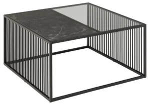 De Salontafel Rookglas, Zwart 80 x 40 CM is een moderne vierkante salontafel met een helft in gerookt glas en de andere helft in zwart marmer, omlijst door zwart metaal met gelijkmatig verdeelde verticale spijlen aan de zijkanten.