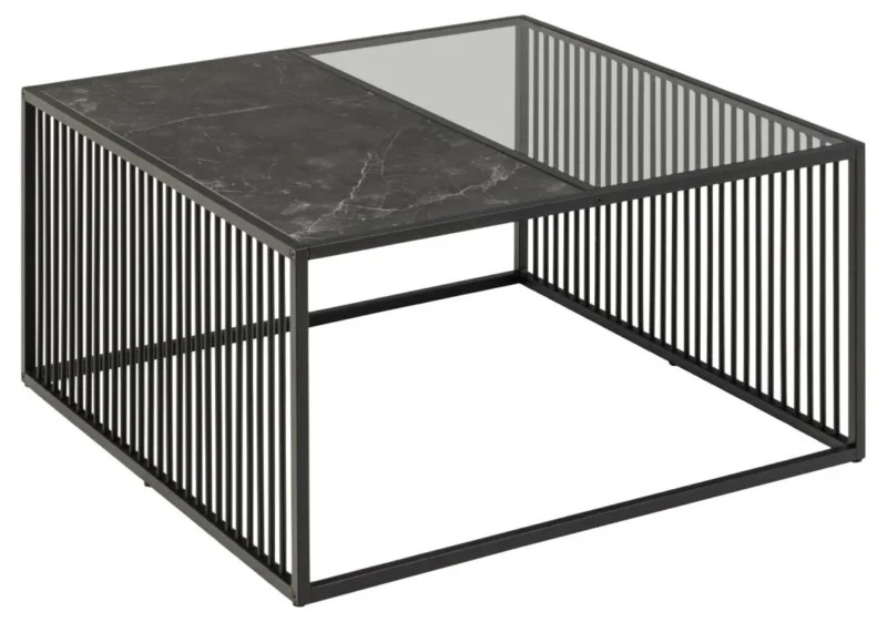 De Salontafel Rookglas, Zwart 80 x 40 CM is een moderne vierkante salontafel met een helft in gerookt glas en de andere helft in zwart marmer, omlijst door zwart metaal met gelijkmatig verdeelde verticale spijlen aan de zijkanten.