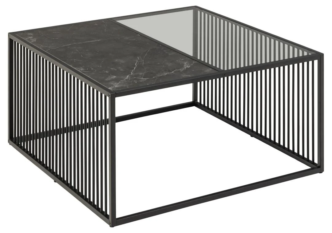 De Salontafel Rookglas, Zwart 80 x 40 CM is een moderne vierkante salontafel met een helft in gerookt glas en de andere helft in zwart marmer, omlijst door zwart metaal met gelijkmatig verdeelde verticale spijlen aan de zijkanten.