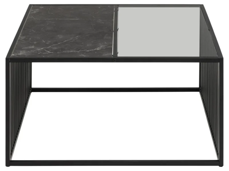 De Salontafel Rookglas, Zwart 80 x 40 CM is een moderne vierkante salontafel met een zwart metalen frame en een gedeeld tafelblad: de ene helft is van zwart marmer en de andere helft van gerookt glas (vierkant rookglas).