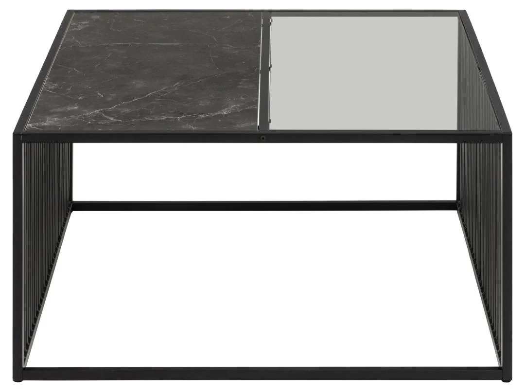 De Salontafel Rookglas, Zwart 80 x 40 CM is een moderne vierkante salontafel met een zwart metalen frame en een gedeeld tafelblad: de ene helft is van zwart marmer en de andere helft van gerookt glas (vierkant rookglas).
