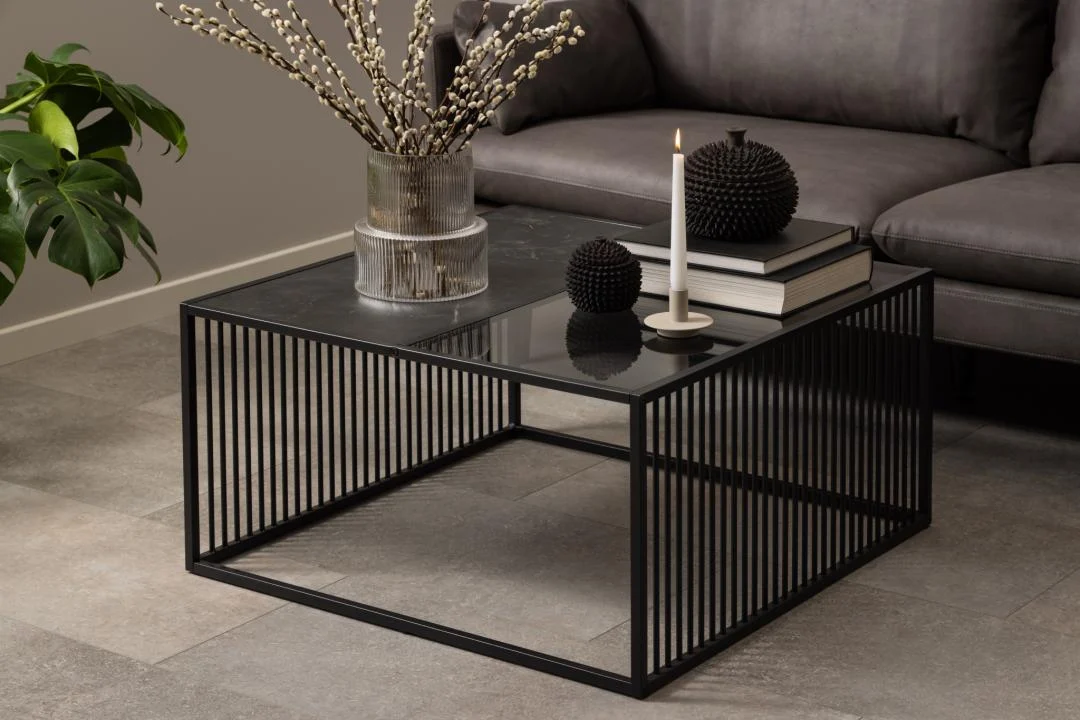 Een moderne woonkamer met de Salontafel Rookglas, Zwart 80 x 40 CM-een vierkante salontafel met zwart metalen frame en rookglas, gedecoreerd met een vaas met takken, een kaars, boeken en twee zwarte bollen. Een grijze bank en een groene plant staan ernaast.