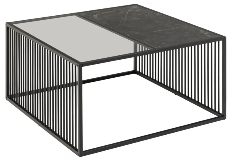De Salontafel Rookglas, Zwart 80 x 40 CM is een moderne vierkante salontafel met een zwart metalen frame, verticale latten en een tweedelig blad van zwart glas en helder rookglas.