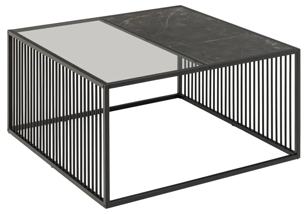 De Salontafel Rookglas, Zwart 80 x 40 CM is een moderne vierkante salontafel met een zwart metalen frame, verticale latten en een tweedelig blad van zwart glas en helder rookglas.