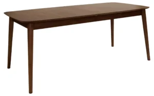 De Eettafel Nieuwe Sfeer 90 x 75 CM is een rechthoekige notenhouten eettafel met licht afgeronde hoeken en vier schuine poten, tegen een witte achtergrond.