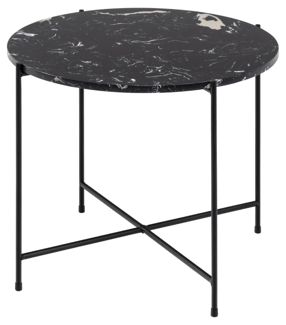 De Bijzettafel Zwart 52 CM Rond Kunststof is een ronde salontafel met een blad in zwart marmerpatroon en dunne zwarte metalen poten, met daaronder een eenvoudige dwarsbalkondersteuning.
